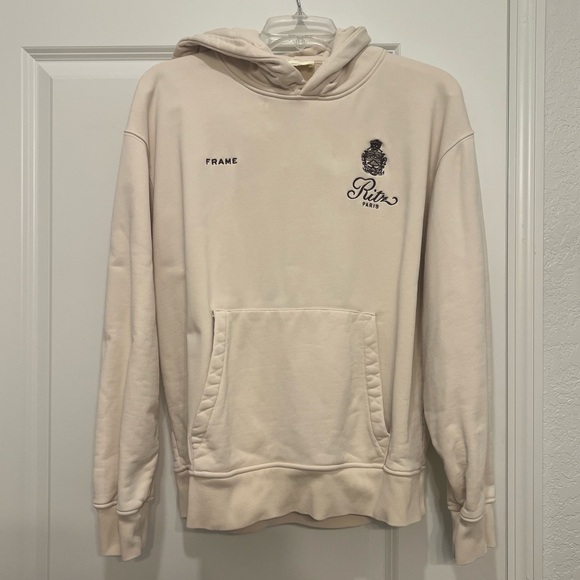 Frame X Ritz Paris Crest Unisex Hoodie Sweatshirt in Cream, Size Small - Picture 5 of 9
